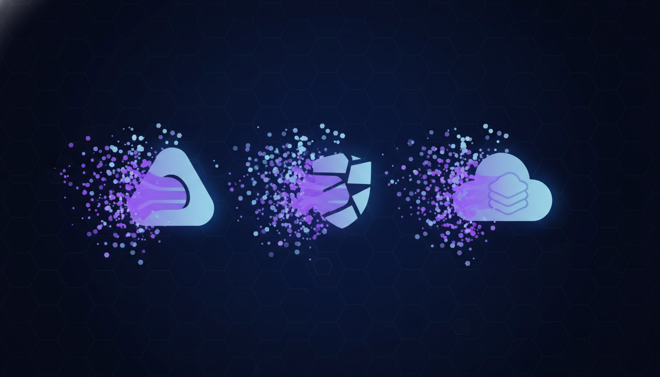 Three cloud platform icons dissolving into particles, illustrating cloud cost waste