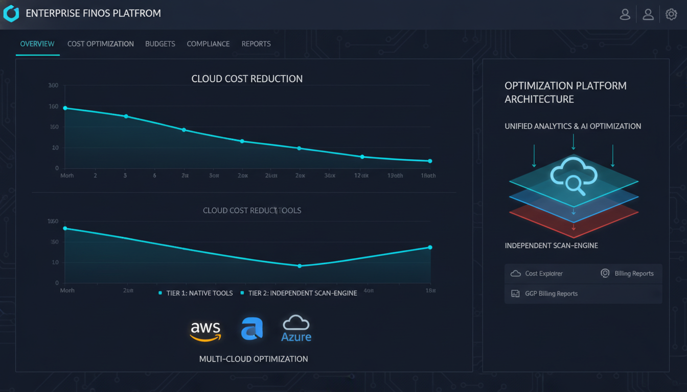 Enterprise cloud cost dashboard showing layered tool tiers from native to independent platforms