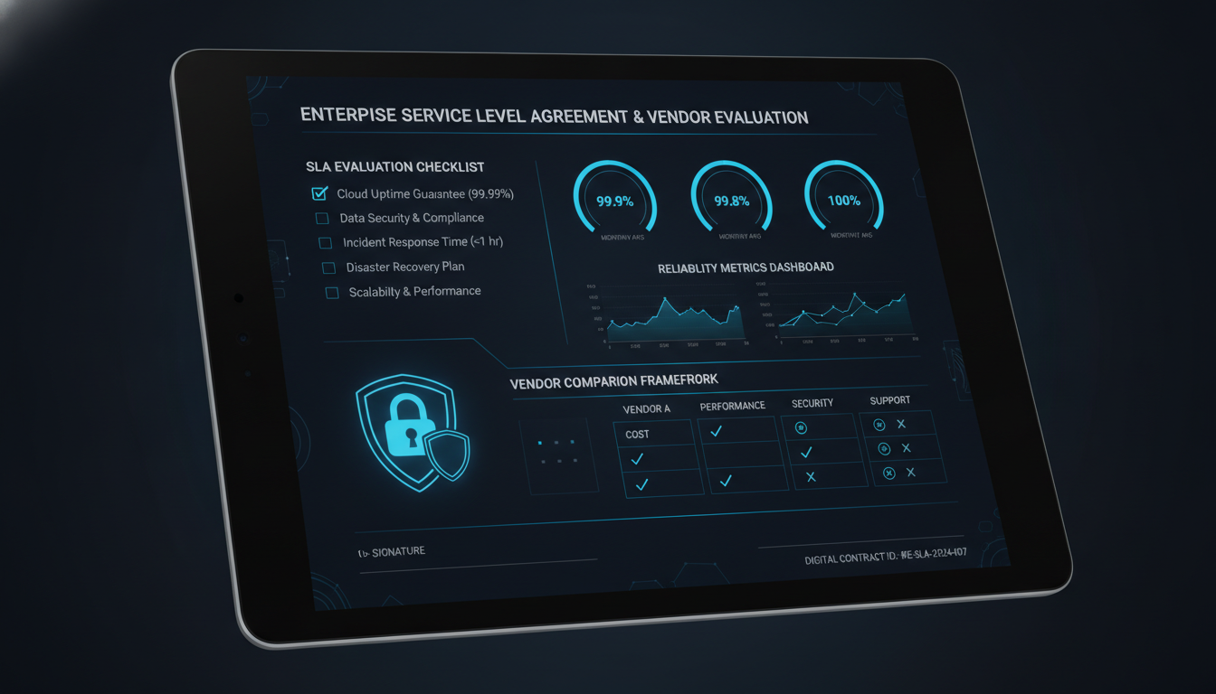Contract document with SLA evaluation checklist and cloud infrastructure reliability diagrams