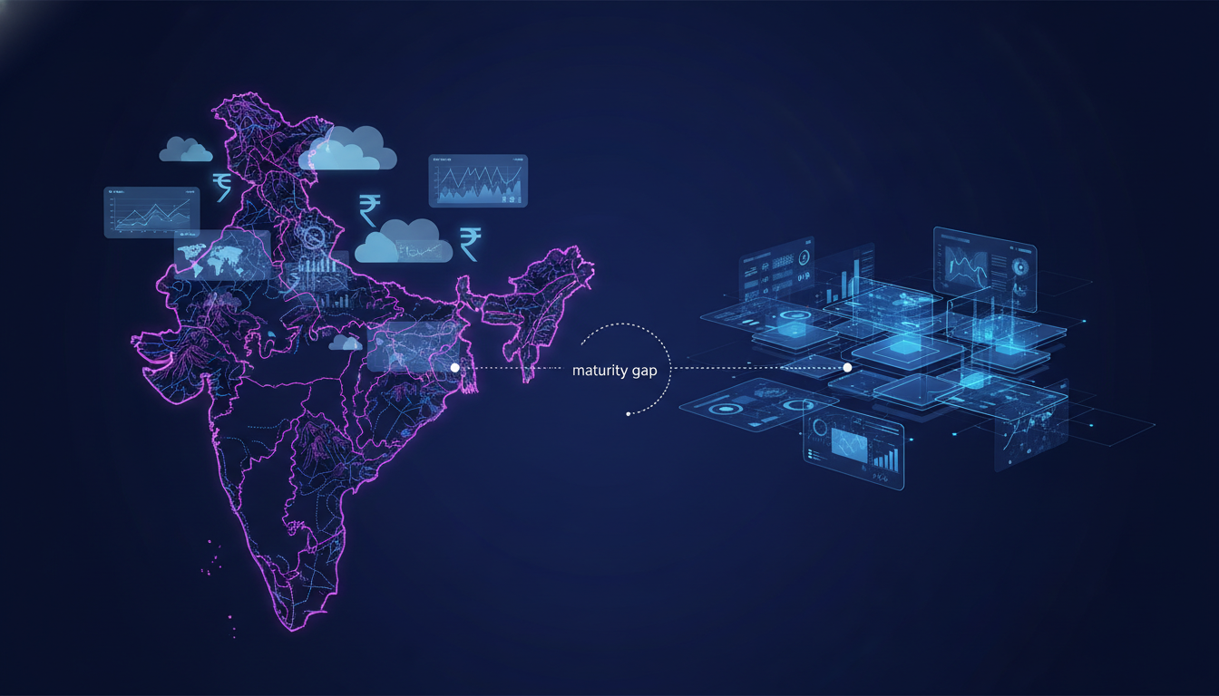 Map of India connected to a futuristic cloud dashboard, showing FinOps maturity gap