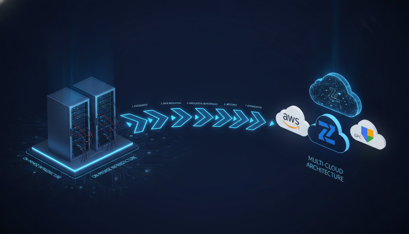 Enterprise server infrastructure with migration pathway leading to multi-cloud architecture