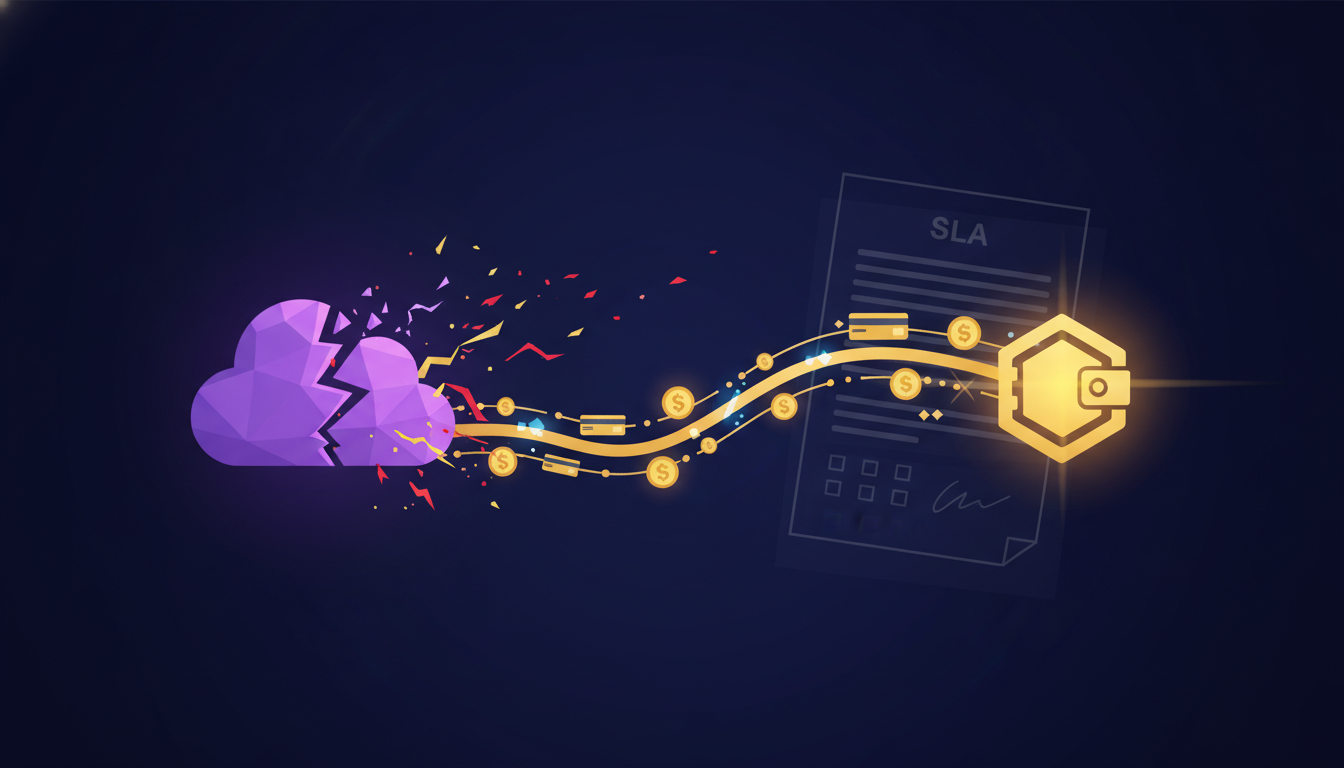 Fractured cloud emitting credit tokens that flow into a secure vault, representing SLA credit recovery